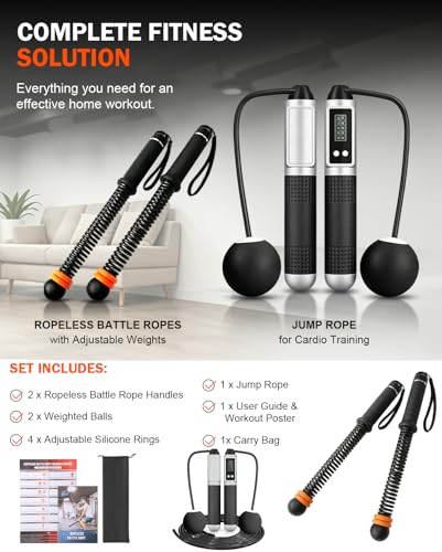 Battle Ropes for Home Gym, 2 in 1 Cordless Battle Ropes and Jump Rope with Counter, Adjustable Weight, Quiet Portable Workout Equipment for Men Women, 44cm Steel Spring Exercise Rope Set
