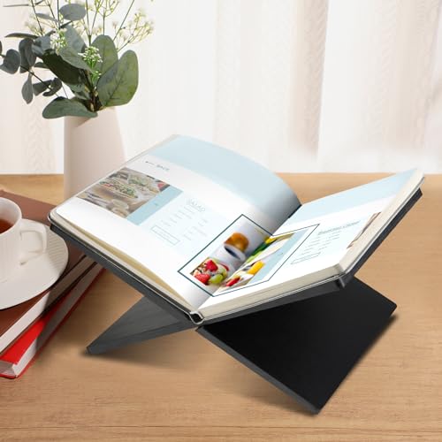 Geetery Book Stand Bamboo Book Holder for Display Reading Textbook Holder Open Display Stand for Open and Closed, Cookbook, Magazines, Textbooks, Recipe(Black) - color: Black
