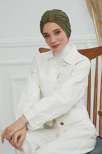 Aisha's Design Instant Turban Plain Cotton Scarf Head Wrap Lightweight Hat Bonnet Cap for Women - color: Khaki