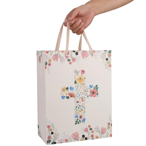 Qirrmiy 13" Large Light Yellow Floral Gift Bag Set with Greeting Card and Tissue Papers for First Communions, Baby Girl Baptisms, Christenings, Religious Occasions - 10.2'x5.2'x13', 1 Pcs. - color: (13'' Large)Light Yellow