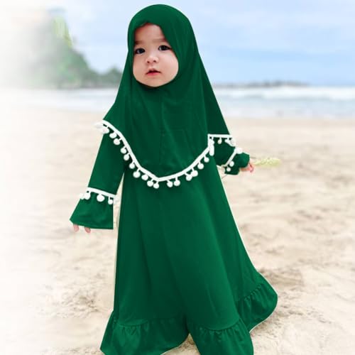 Newborn Infant Baby Girl Prayer Dress, Muslim Clothes for Toddler Kids Long Sleeve Abaya with Hijab Two Piece Maxi Islamic Dress Set Kaftan Middle East Arabian Dubai Robe Ramadan Eid Dark Green 0-6M: Clothing, Shoes & Jewelry