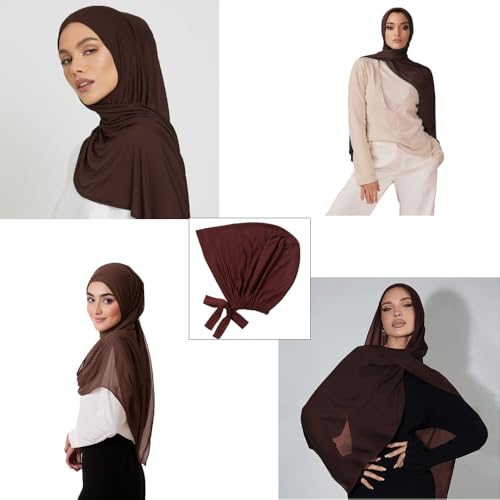 Women Under Scarf Hat Hijab Undercap Islamic Muslim Under Scarf Hijab Cap with Tie-Back Closure - color: Khaki+coffee