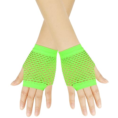 Short Fishnet Gloves for Women Fingerless Mesh Fishing Net Gloves 80s Fish Net Arm Sleeves Halloween Party Cosplay Costume - color: Green