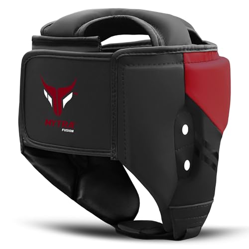 Mytra Fusion Boxing Headgear - Sparring Gear with Adjustable Strap MMA, Muay Thai, Kickboxing, Martial Arts, Karate, Head Gear - color: Black/Red, size: Medium