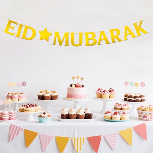 Eid Mubarak Banner - Moon Ramadan Kareem Party Decor - Baby Shower - Perfect Eid Gifts - Islamic Muslim Party Supplies - Mirror Gold