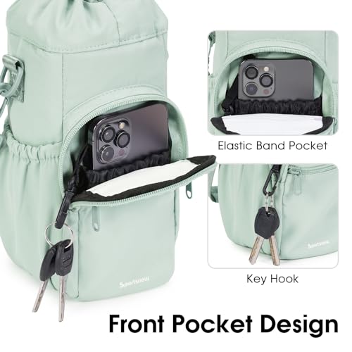 sportsnew 40oz Insulated Crossbody Water Bottle Bag Gym Hiking Phone Pocket | Water-resistant Lining, Padded Strap, Top Handle, Drawstring, Phone Pocket, Elastic Slots, Built-In Key Clip for Gym Walking - color: Sage Green