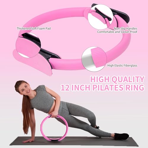 DICYWUDI Pilates Essentials Kit for Home Women, Pilates Equipment for Workouts, 6 Fabric Resistance Bands, 12 Inch Magic Circle Yoga Ring, Mini Exercise Ball, Great Exercise Equipment - color: 15pcs Pink set