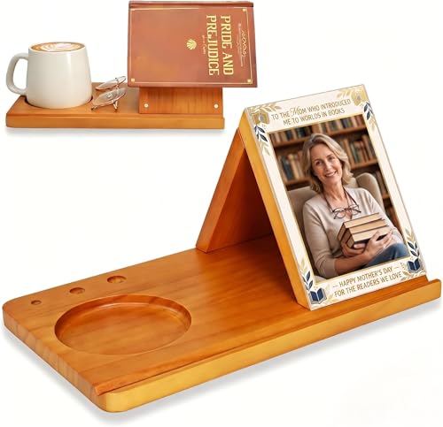 Wooden Triangle Book Stand with Cup Holder 4"x6" Acrylic Picture Frame for Family Frame - Multifunctional Reading Valet Book Rest for Desk, Birthday&Mothers Day Gift for Reader and Book Lovers - style: Acrylic Picture Frame