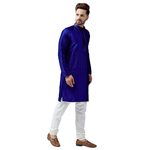 Sojanya (Since 1958 Men'S Teal Silk Blend Kurta Churidar Pyjama Set - color: Royal Blue and Off White, size: XX-Large