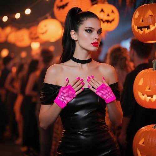 Short Fishnet Gloves for Women Fingerless Mesh Fishing Net Gloves 80s Fish Net Arm Sleeves Halloween Party Cosplay Costume - color: Hot Pink