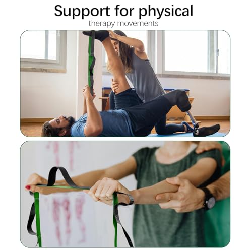 10 Loop Yoga Stretching Strap for Physical Therapy - Non-Elastic Exercise Band for Pilates, Yoga, Stretching for Women & Men - color: Green+Black