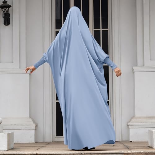 IDOPIP Muslim Abaya for Women One Piece Long Sleeve Islamic Prayer Dress with Hooded Hijab Maxi Kaftan Robe Modest Clothes - color: Blue