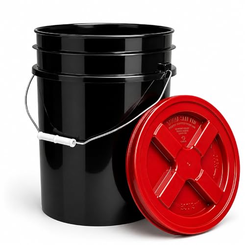 5 Gallon Bucket - Food Grade w/Lid BPA-Free, Black/Red, 6 | Airtight Gamma Seal Screw-On Lid, Heavy-Duty 90 Mil HDPE Plastic, Food Safe and Durable Container, Bulk Storage, Made in USA - color: Black/Red, size: 6 Packs