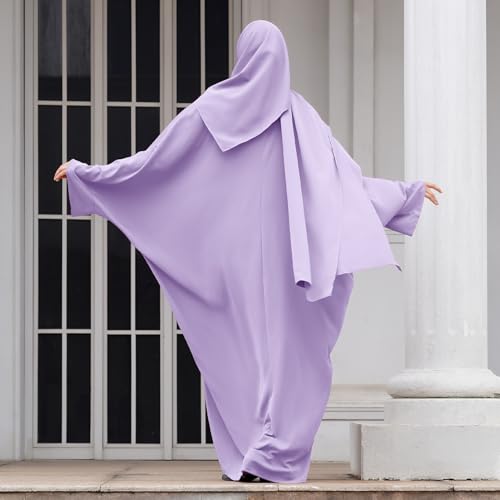 IDOPIP Abayas for Women Muslim Dress with Hijab, One-Piece Long Sleeve Islamic Prayer Dress with Khimar Jilbab Kaftan Clothes - color: Light Purple + Hijab