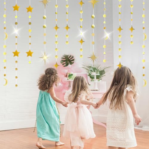 92FT Gold Moon Star Garland, Sparkly Crescent Moon & Star Hanging Decor for Ramadan Eid Mubarak, Birthday Party Supplies, Wedding Baby Shower Decorations, Photo Booth Props - size: 92 Gold Star