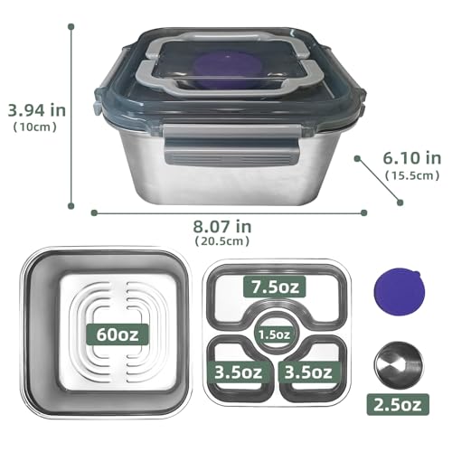 Salad Container for Lunch 2 Pack,3-Compartment Bento-Style Tray,1.5-oz Sacue Container, Dishwasher, Microwave, and Oven Safe (Gray&White) - color: Grey+White