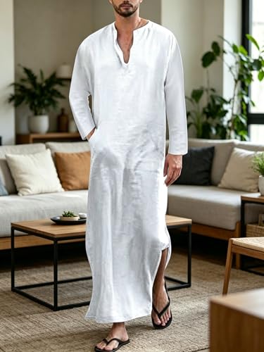 Jacansi Men's 65% Cotton 35% Linen Kaftan Thobe, Long Sleeve Casual Arabic Robe, Loose Long Gown with Pockets - color: White #1, size: Medium