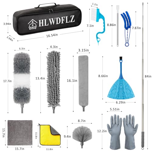 Microfiber Duster Kit 27pcs with 30 to 100 Inches Extension Pole and Wall Cleaner Mop, Washable and Bendable Feather Duster for Cleaning Ceiling Fans, High Ceilings, Cobwebs, Blinds, Grey - size: 27pcs