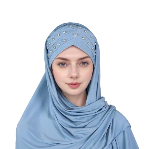 Muslim Head Scarf for Women Crystal Linen Rhinestone Cross Strap Turban Wrap Cap Elegant Breathable Sparkly Hijab - color: 09#_sky Blue