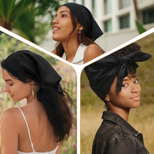 Cuffbow 2 Pcs Satin Lined Bandana Waterproof Head Scarf Non-Slip Hair Scarf Large Triangle Waterproof Rain Headband for Women Black