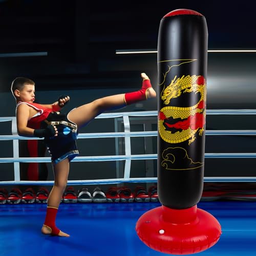 Onirii 66 Inch Kids Inflatable Punching Bag | Large Stable Kids Inflatable Boxing Bag Toy Set with Gloves for Boys & Girls Age 3-12 for Taekwondo,MMA and Practicing Karate - color: Golden Dragon