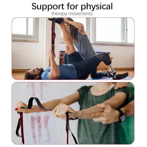 10 Loop Yoga Stretching Strap for Physical Therapy - Non-Elastic Exercise Band for Pilates, Yoga, Stretching for Women & Men - color: Red+Black