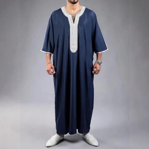 Mens Embroidery Moroccan Thobe Men Muslim Mogadishu Djellaba Robe Islamic Jubba Prayer Kaftan Islamic Arabic Abaya - color: Navy, size: X-Large