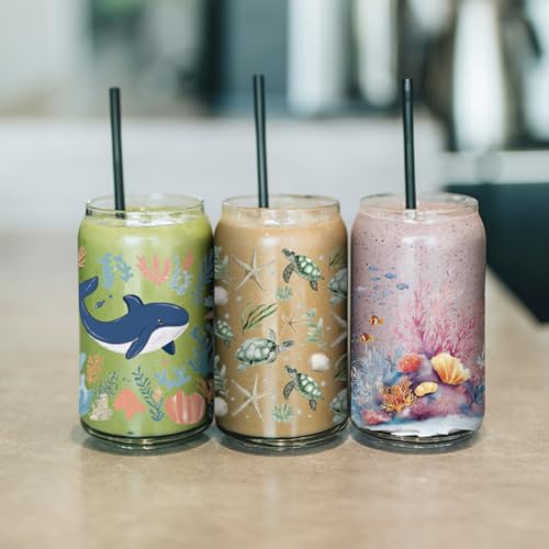 arricraft 10 Pcs Colorful Ocean Animals Theme Cup Printing UV Transfer Papers, 10 Styles Seahorses Seaweed Jellyfish Dolphins Turtles UV DTF Cup Wrap Stickers for 16 OZ Glass Cups Crafts 9.5x4.3inch - style: Colorful Ocean Animals Theme