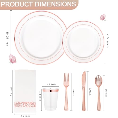 Supernal 200pcs Rose Gold Plastic Dinnerware included Disposable Flatware& Plastic Party Plates Disaposable Cups and Napkins,Perfect for Valentine's Day Mother's Day and Easter - color: 200pcs White and Rose Gold Plastic Dinnerware