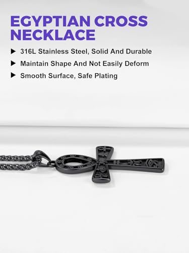 Richsteel Stainless Steel/Gold/Black Plated Ankh Cross Pendant Necklace for Men Women with Wheat Chain Religious Jewelry(with Gift Box) - color: 01-Black Hieroglyphs