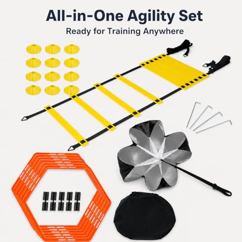 Agility Training Set, Speed Training Set with Ladder, Cones, Hurdles & Parachute, Athletic Gear for Football Basketball, Includes Carry Bag - style: Speed Agility Training Set III
