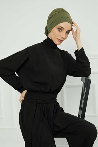 Aisha's Design Instant Turban Head Wraps for Women, Combed Cotton Scarf Lightweight Pre tied Hijab with Back Rose Detail - color: Army Green
