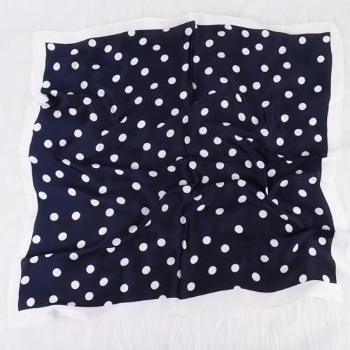 Head Scarf for Women Like Silk Satin Hair Scarves Polka Dot Printed Square Neck Handbags Scarf Bandanas 27.5 Inches - color: Navy Blue