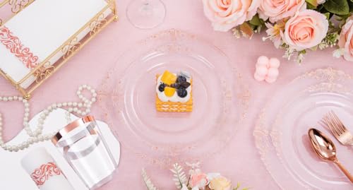 Hioasis 175pcs Clear Rose Gold Plastic Plates - Elegant Disposable Dinnerware Set Suitable for 25 Guests Include 10.25" Dinner & 7.5" Dessert Plates, Cutlery, Napkins, Cups for Party - color: Clear and Rose Gold
