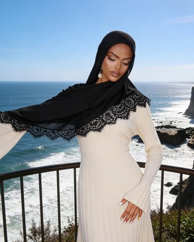 JUMISEE Elegant Floral Lace Hijab Scarf for Women Soft Cotton Head Wrap Instant Hijab Long Scarves Evening Dress Shawl - color: Black With Black Lace Trim