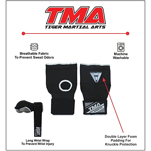 TMA Gel Padded Inner Gloves with Hand Wraps Boxing Gloves, Half Finger Elasticated Bandages, Kickboxing Wraps for Men, Women, Kids MMA, Muay Thai, Kickboxing (Pair) - color: Black, size: Small-Medium