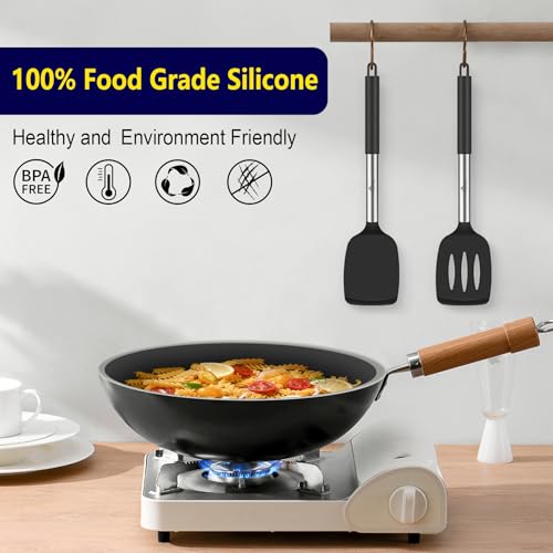 HOTEC Silicone Spatula Set of 2, High Heat-Resistant & BPA-Free Kitchen SaptulaTurner with Stainless Steel Handles, Slotted & Solid Spatulas for Nonstick Cookware, 13.7 Inch, Black - color: Black