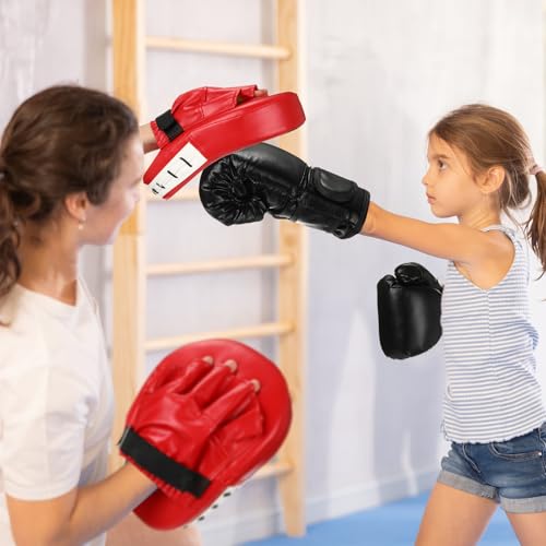 Arrowbash Boxing Gloves and Punching Mitts Set for Kids 6oz Black Gloves Curved Punch Mitts Pad Sparring Training Equipment for Martial Arts Muay Kickboxing Taekwondo Karate BJJ