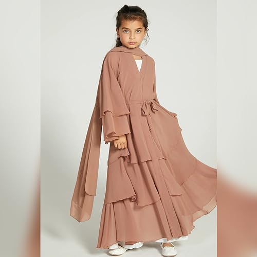 Chiffon layered Open Abaya Dubai Kaftan Muslim Cardigan Abayas Dresses For Girls Casual Robe Kimono Islam Clothing - color: Khaki, size: 9-10 Years