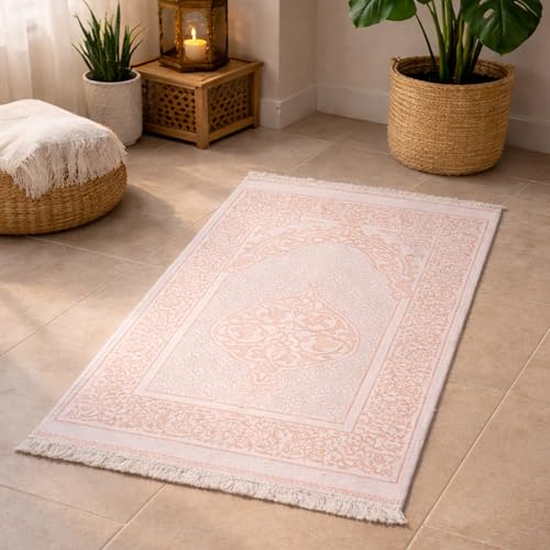 Modefa Islamic Gifts Prayer Mat | Thin Woven Praying Mat Muslim Prayer Rug | Muslim Gifts for Men Ramadan Gifts with Prayer Beads | Ottoman Rug with Cylinder Gift Box Set Ramadan (Light Pink #2) - color: Light Pink