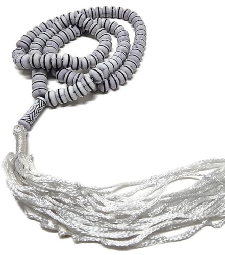 Islam Tasbih 99 Beads 8 mm. AMN-409 Muslim Prayer dhikr Misbaha Rosary with Beautiful Decorated Tassel Eid Ramadan Gift (White) - color: White