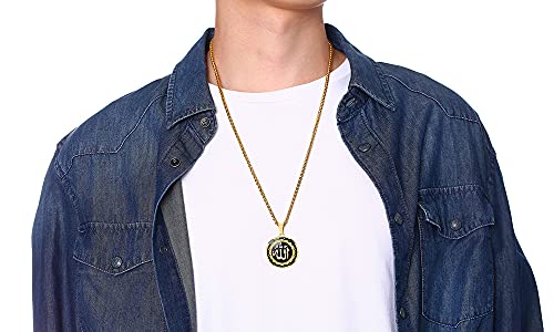 MEALGUET Allah Medallion Necklace, Stainless Steel Islamic Jewelry,Arabic Jewelry,Allah Name of God Round Pendant Necklace for Women and Men with Agate Beaded Chain, Muslim Gift Jewelry, Gift - style: Gold-stainless steel chain necklace