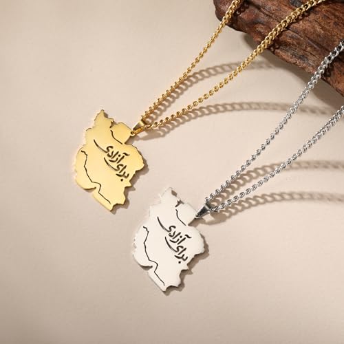 LIKGREAT Iran Map Necklace with Persian Calligraphy Stainless Steel Iranian Cultural Farsi Script Pendant Necklace Patriotic Peace Jewelry - color: 2-sliver