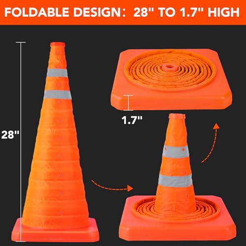 TENKAIWICK 28 Inch 6 Pack Traffic Cones, Collapsible Safety Cones, Multi Purpose Pop-up Cones with Reflective Collar, Orange Cones for Parking lot, Driveway, Driving Training etc - size: 28Inch
