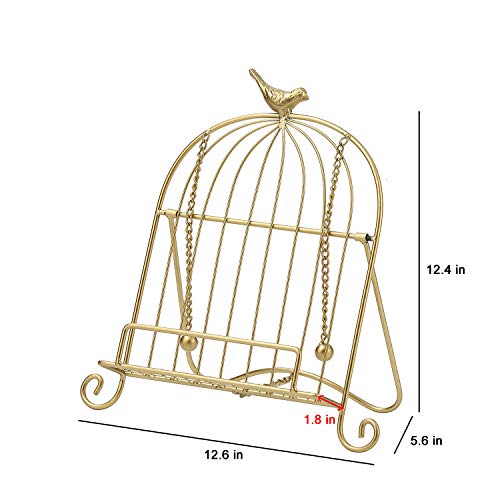 Jemeni Cookbook Stand for Kitchen, A Recipe Easel is Metal Birdcage Shaped | Metal Cookbook Stand with 2 Weighted Chains, Gold