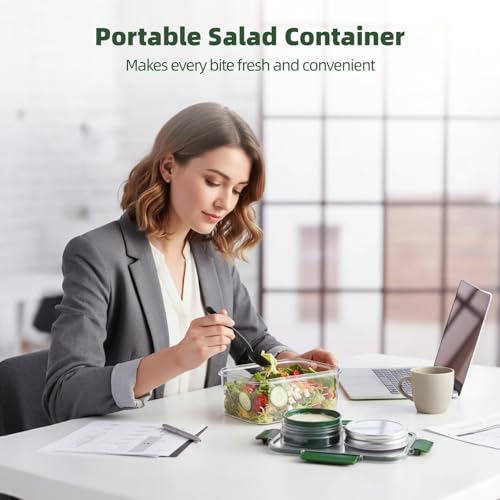 Portable Salad Container, Leakproof Salad Pod with Dressing Cup & Fork, Separate Food Compartments, Plastic Meal Prep Box, Dishwasher Safe, Ideal for Office, Travel, Picnic & Gatherings (Green)