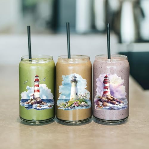 arricraft 10 Pcs Colorful Lighthouse Theme Cup Printing UV Transfer Papers, 10 Styles Flowers Waves UV DTF Cup Wrap Stickers for 16 OZ Glass Cups Crafts 9.5x4.3inch - style: Colorful Lighthouse Theme