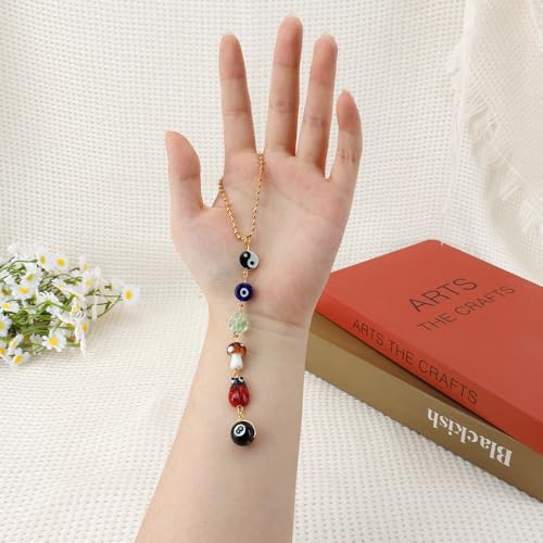 Evil Eye Car Hanging Ornament, Car Mirror Hanging Accessories Good Lucky Days Charm Decor with Four-Leaf Clover Ladybug 8 Ball Mushroom Yin Yang Symbo and Boho Car Accessories for Keychain Cellphone