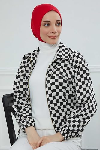 Aisha's Design Instant Turban 95% Cotton Head Scarf Headwear Combed Cotton Ninja Cap, Slip on Jersey Hijab - color: Red