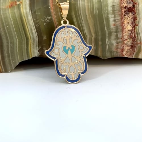 14K Solid Gold Pendant Necklace Hand-Painted Abstract Hamsa Hand and Allah Calligraphy (Evil Eye) - Gift for Men, Women, Daughter, Son, Unisex Adults, Kids - color: Hamsa Hand with Heart Design, style: Only Pendant